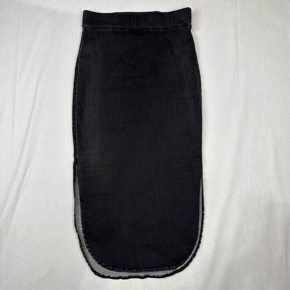 Frank & Eileen Donegal Midi Black Denim Skirt Pull On Stretch Leg Slits Size 8 - Picture 1 of 11